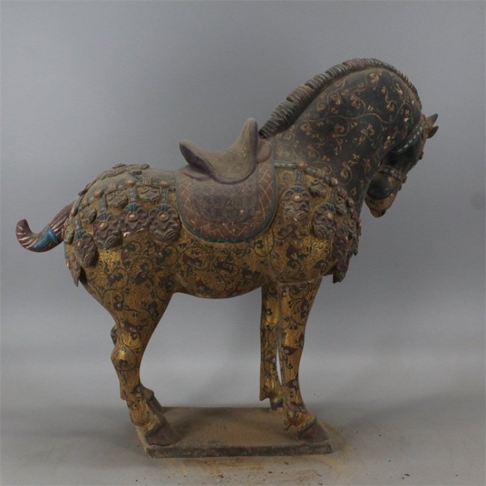高古出土古瓷器唐三彩描金彩繪戰馬擺件古董古玩雕塑瓷老貨收藏品