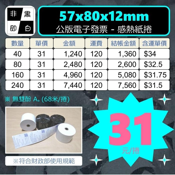 🐼《非黑即白》公版電子發票感熱紙捲57x80x12mm。適用於：電子發票機，符合財政部使用規範。 #感熱紙卷#熱感紙卷#熱感紙捲#熱感應紙