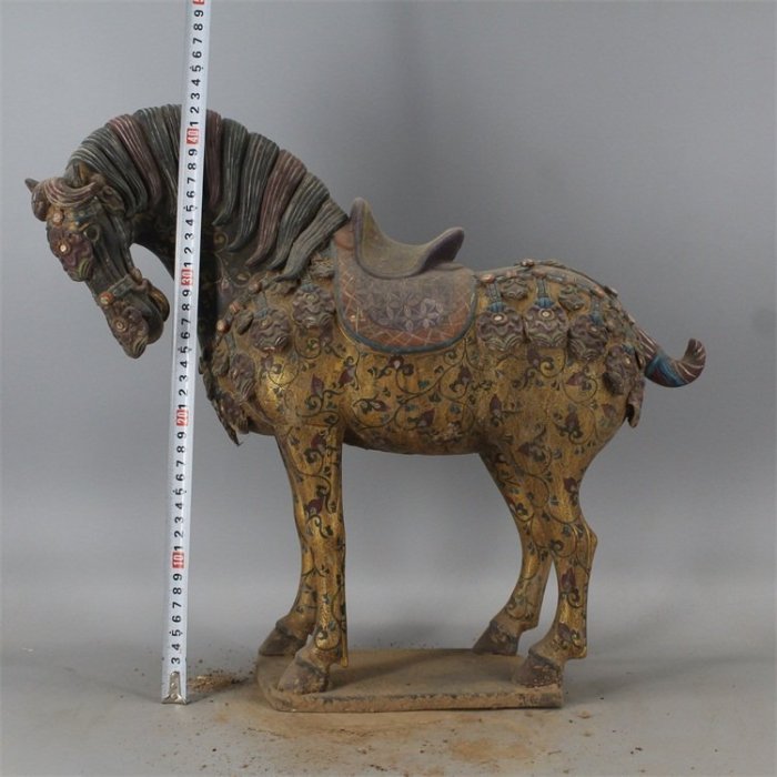 高古出土古瓷器唐三彩描金彩繪戰馬擺件古董古玩雕塑瓷老貨收藏品