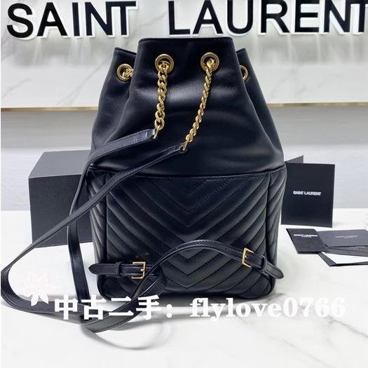 中古二手YVES SAINT LAURENT 聖羅蘭 YSL MONOGRAM 黑金羊皮雙肩包/後背包6726091