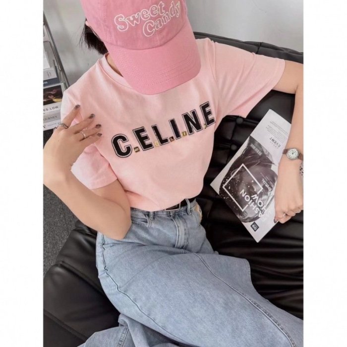 熱銷特惠 Celine 賽琳23ss春夏新品五金貼布字母logo圓領短袖T恤時尚穿搭百搭上衣女明星同款 大牌 經典爆款