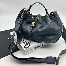 【哈極品】二手品《CHANEL 香奈兒 藍色菱格鏈袋束口水桶包 提背二用包/斜背包/肩背包/手提包》