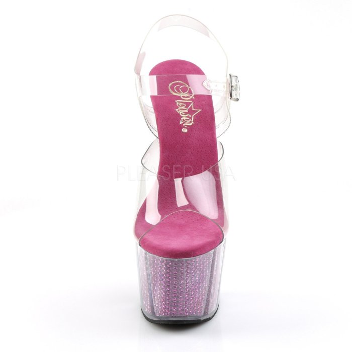 Shoes InStyle《七吋》美國品牌 PLEASER 原廠正品透明水鑚厚底高跟涼鞋 出清 『紫紅色』