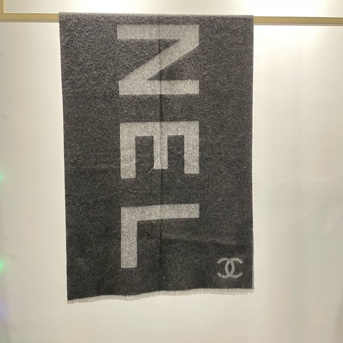 【翰貝格名牌館】全新真品 CHANEL 雙C 字母 雙面 黑灰 cachemire 羊絨 披肩 圍巾 AA7199