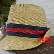 優買二手精品名牌店 GUCCI 草編 編織 紅 藍 帶 紳士帽 爵士帽 遮陽帽 帽子 帽 全新