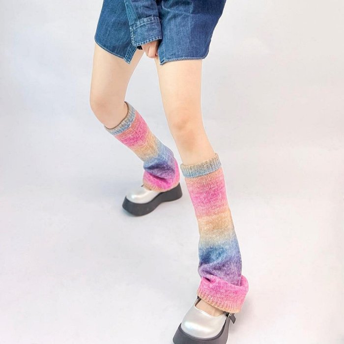 CURTES1女護腿器可愛原宿彩虹色褶邊日語蓬鬆的甜美的腿套-水水精品衣櫥