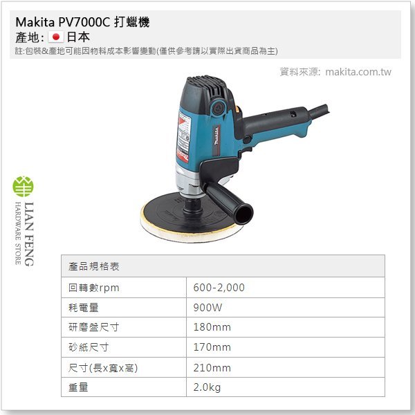 【工具屋】*含稅* Makita PV7000C 打蠟機 牧田 電動羊毛輪機 180mm 汽車美容 石材 打臘 拋光