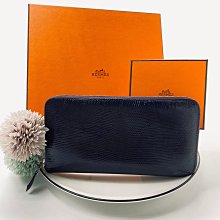 【哈極品】二手品《Hermes 愛馬仕 藍色 蜥蜴皮 12卡 拉鍊長夾/皮夾》