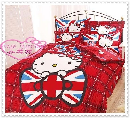 ♥小花花日本精品Hello Kitty實用英國國旗風滿滿豐富圖單人床包枕頭套&兩用被 三入組