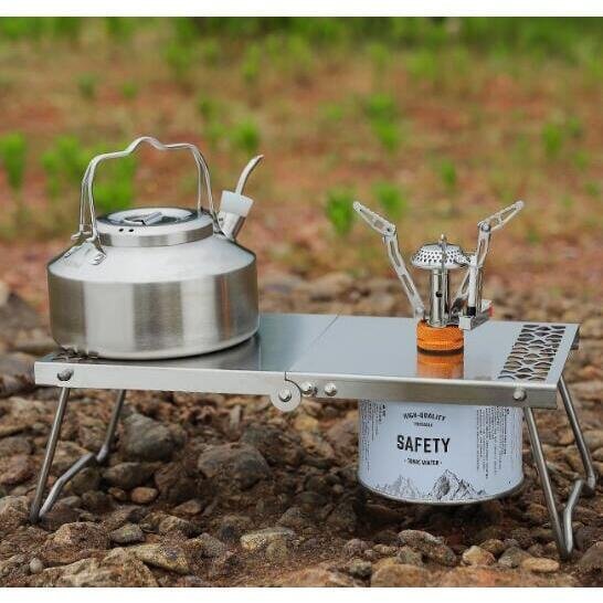 戶外營不鏽鋼氣罐摺疊桌 野營燒烤便攜多功能 茶桌 野炊扁氣罐爐頭