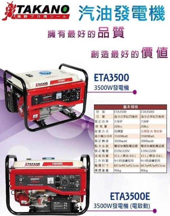 【花蓮源利】日本 TAKANO 高野 3500W 引擎 ETA3500 發電機 ETA3500E 實體保固