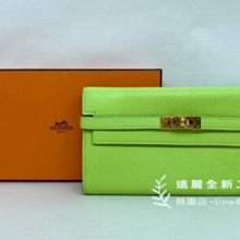 遠麗精品(桃園店) D0034 Hermes 萊姆黃羊皮金kelly 12卡對折長夾