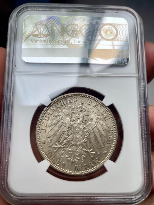二手 MS63黃油光 巴伐利亞 1911攝政王 3馬克 銀幣 紀念幣 銀幣 銅幣【奇摩錢幣】1349