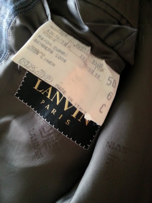 【LANVIN】義大利製~冷灰色格紋亞麻(100%)西裝外套 50號