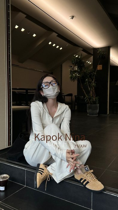 kapok秋季韓系修身墊肩連帽拉鍊衛衣+休閒褲兩件套套裝女