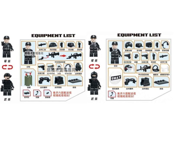 樂積木【現貨】第三方 SWAT 特警 六款一組 袋裝 武器眾多 非樂高LEGO相容 特種部隊 背心 機槍 軍事 反恐