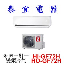 【泰宜電器】HERAN 禾聯 HI-GF72H / HO-GF72H 一對一 變頻冷暖氣【另有 RAC-71NP 】