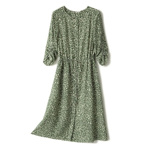 歐單 新款 夏日清爽 天然真絲 綠色氧氣感印花 壓褶五分袖 綁帶圓領連身洋裝 (T1613)