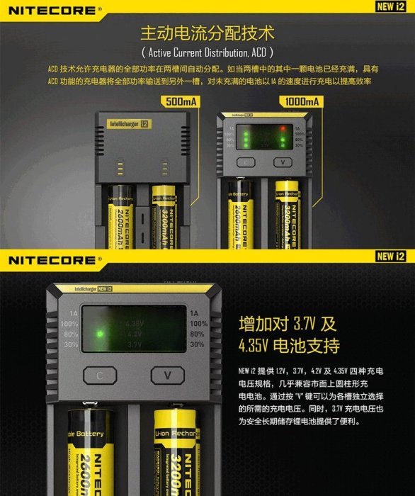 NiteCore 奈特科爾 NEW i2  Ni-MH IMR 18650 多功能智能充電器 含稅