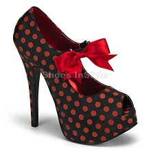 Shoes InStyle《五吋》美國品牌 BORDELLO 原廠正品波卡圓點緞面厚底瑪麗高跟魚口包鞋有大尺碼『黑紅色』