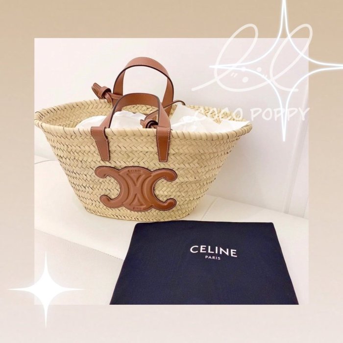 二手精品 CELINE賽琳 TRIOMPHE 凱旋門 大LOGO 草編織牛皮包邊托特包 手提包 棕色