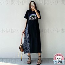 小伊閣 =胖MM 豹紋拼接大碼寬松懶人長款過膝T恤裙女短袖連衣裙潮is