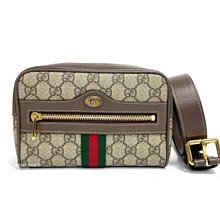 台中店  遠麗精品~I0634 Gucci PVC咖皮邊霧金橢圓釦前一字拉綠紅綠帶ㄇ拉胸腰包