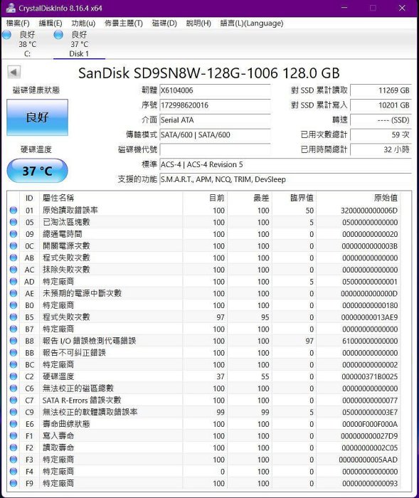 二手Sandisk M.2 SATA SSD x600固態硬碟128G，使用32小時，台北可面交