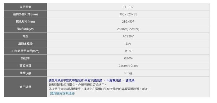 【龍城廚具生活館】【僅北北基，部分除外】【僅運送不安裝】豪山IH微晶調理爐IH-1017