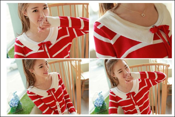 韓國 紅色學院風 撞色橫條紋綁帶上衣式罩衫彈性針織小外套 單穿也超美