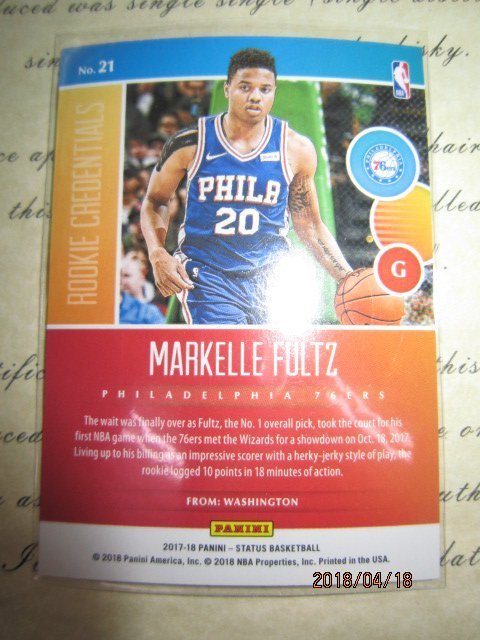 新賣家~17/18~Markelle Fultz~STATUS~RC~CREDENTIALS~沒限量~5 1元起標