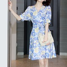 歐美 MO 新款 法式優雅 繽紛水墨印染 交叉V領 傘型大裙襬 高腰圍裹式短袖連身洋裝 TEA DRESS (T1119)