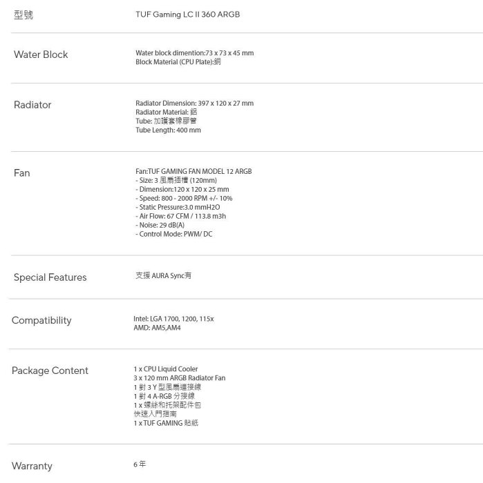 現貨】全新 ASUS 華碩 TUF LC II 360 ARGB 一體式 水冷 散熱器 3風扇 抗噪二代 AMD INTEL 六年保