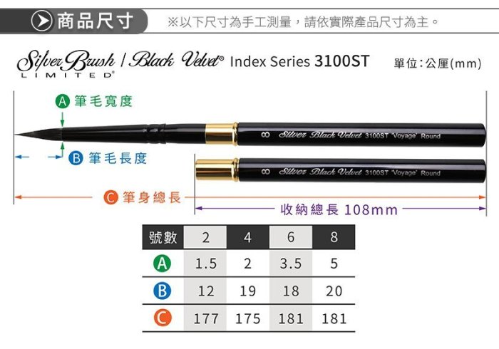 『ART小舖』Silver Brush美國黑天鵝絲絨Black Velvet松鼠混合毛 旅行圓頭畫筆 3100ST 4號