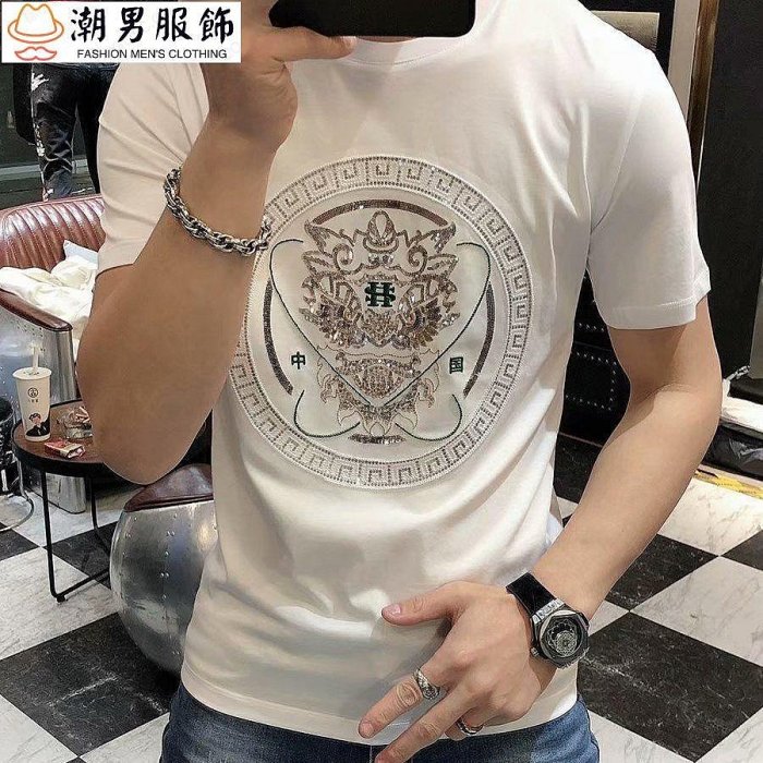 新品 【時尚歐洲站】燙鑽純棉短袖t恤男潮牌潮流ins夏季新款男士短袖上衣35.5Z-可開發票