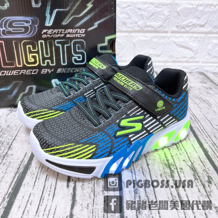 【豬豬老闆】SKECHERS FLEX-GLOW ELITE 休閒鞋 中童 黑白400135LBKGY 黑綠LBBLM