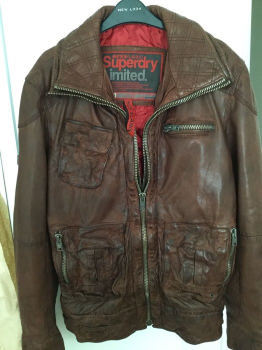 聯名超限量款英國摩根汽車 Morgan 極度乾燥 Superdry Tarpit Leather 真皮 皮衣 外套 紅棕