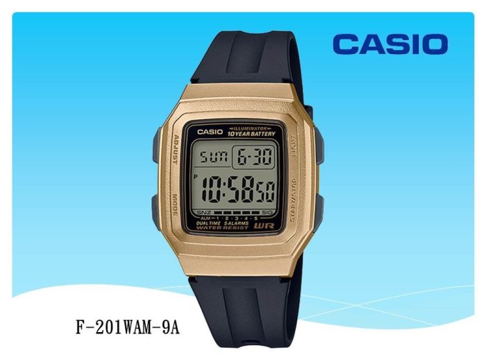 經緯度鐘錶 CASIO電子錶 十年電池 超大字五組鬧鈴 CASIO公司貨 當兵 學生【↘550】F-201WAM 金框