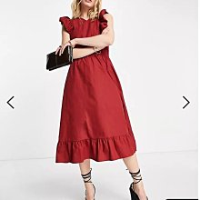 (嫻嫻屋) 英國ASOS-Vero Moda時尚優雅名媛紅色圓領荷葉摺邊中長裙洋裝 AD24