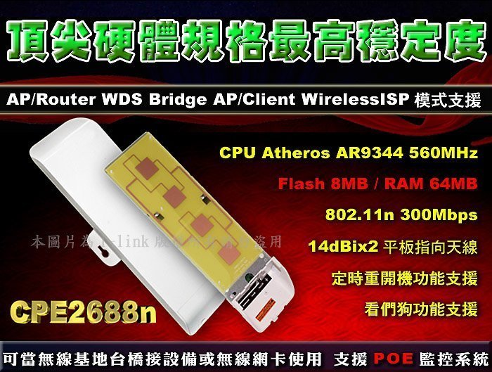 《戶外穿牆王》CPE2688n 高功率1500mW/14dbi雙天線/2.4G室外無線橋接器 路由器 IP分享器