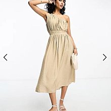 (嫻嫻屋) 英國ASOS-French Connection優雅時尚米色紋理斜肩單肩領鬆緊腰中長裙洋裝EG23