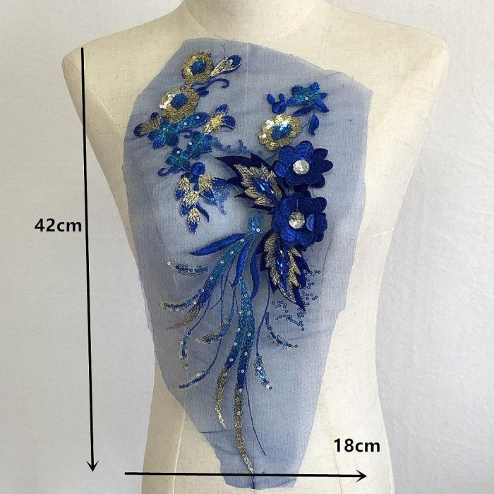 寶藍立體繡花朵布貼42*18厘米鑲鉆網紗補丁衣服花飾輔料手工DIY