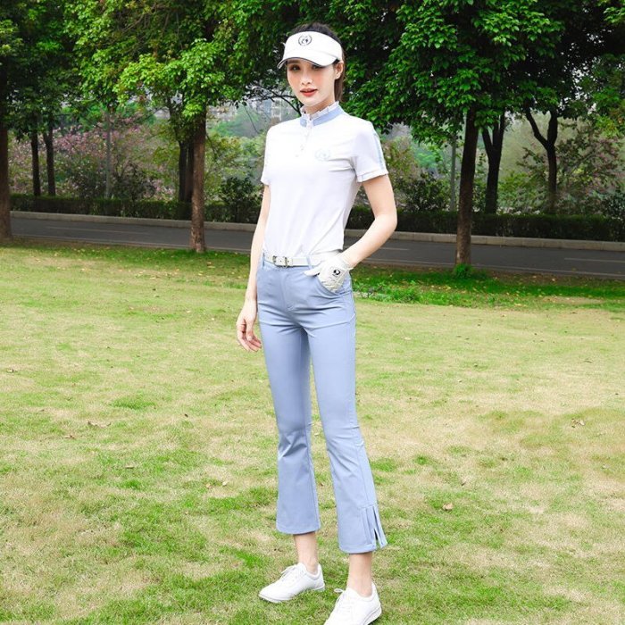 現貨熱銷-高爾夫配件ZG6高爾夫女裝夏球服套裝女白色短袖高彈T恤防走光淺藍短網球裙子YP3039