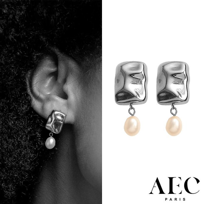 AEC PARIS 巴黎品牌 銀色波浪紋方磚 水滴珍珠耳環 DROP EARRINGS NILE