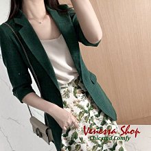 日本 新款 高貴典雅 夾花綠色調 上身超顯白 透氣舒適 精緻棉亞麻一粒扣七分袖西裝外套 (K813)