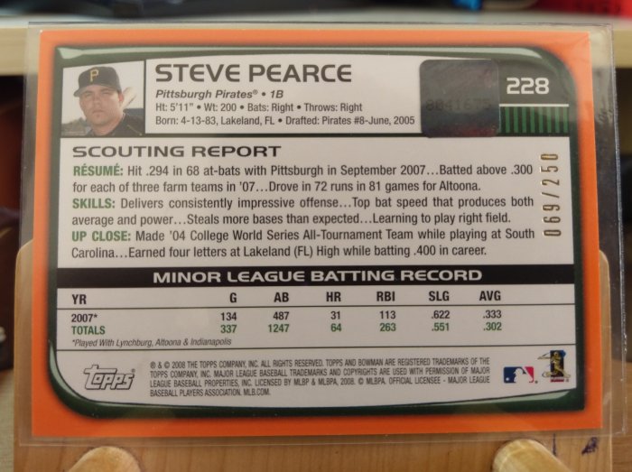 2008 BOWMAN 紅襪STEVE PEARCE ORANGE AUTO限量250張新人少見卡面簽名