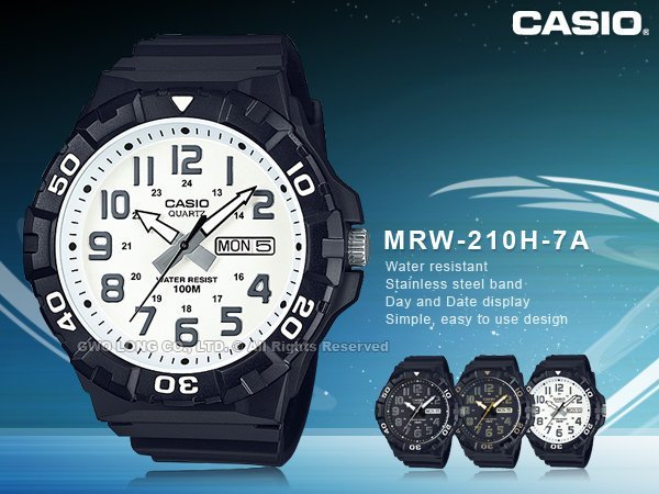 CASIO 卡西歐 手錶專賣店 國隆 MRW-210H-7A 男錶 樹脂錶帶 100米防水 日和日期顯示