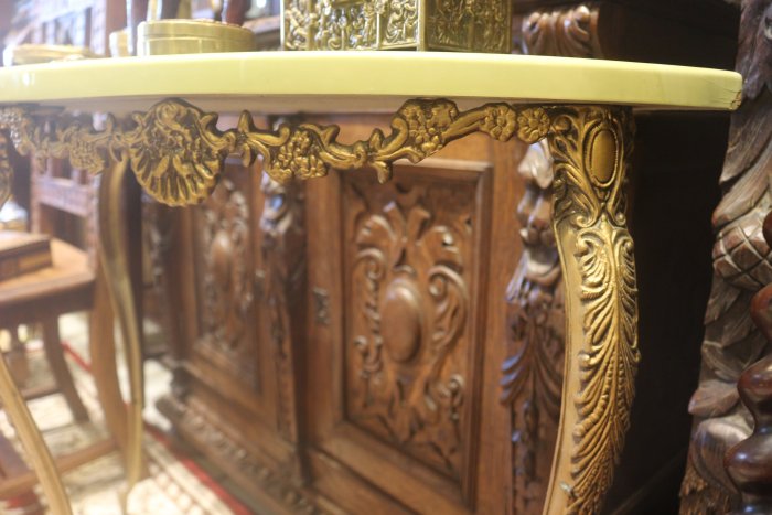 【家與收藏】賠售特價稀有珍藏歐洲古董法國精緻華麗銅浮雕珍貴仿石玄關桌