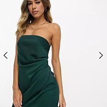 (嫻嫻屋) 英國ASOS-優雅時尚森林綠色緞面抹胸平口領收腰洋裝EB23