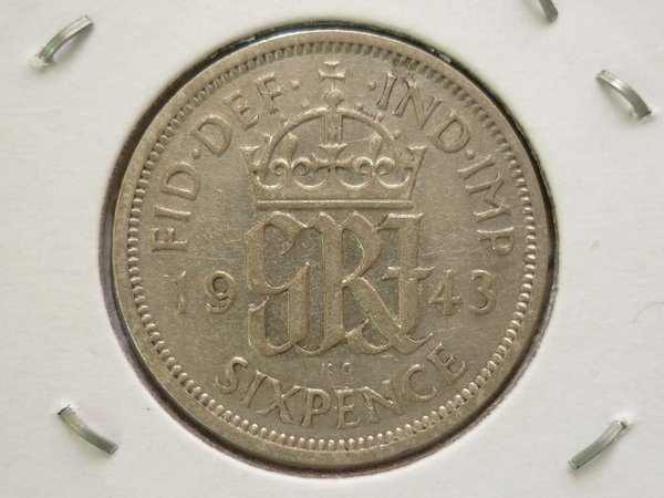 ☆豐臣館☆錢幣 英國(GREAT BRITAIN)1943年喬治六世 6 PENCE 銀幣(含銀50%)~J004